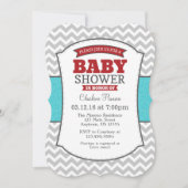 ティール（緑がかった色）レッドグレーシェブロンベイビーシャワー招待状 招待状 (正面)