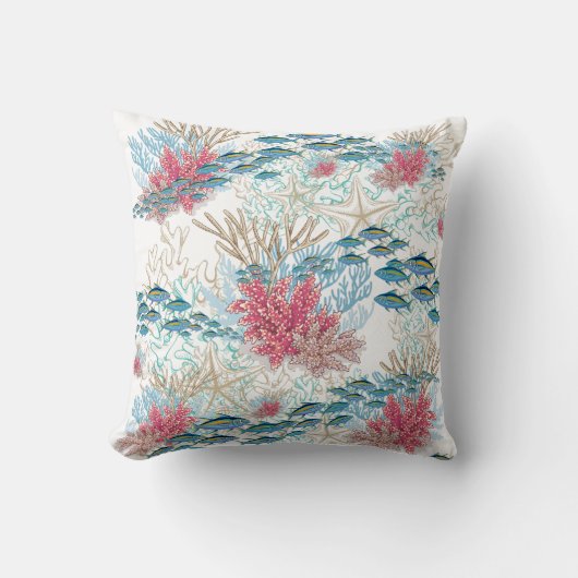 ティール(緑がかった色)レッドコーラルリーフフィッシュコースタル海ビーチイ クッション (正面)