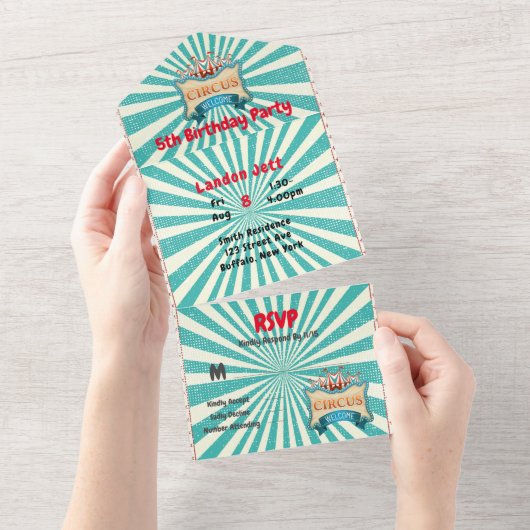 ティール(緑がかった色)レッドサーカステントバースデーパーティー オールインワン招待状 (貼ってはがせる)