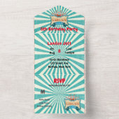 ティール(緑がかった色)レッドサーカステントバースデーパーティー オールインワン招待状 (内側)