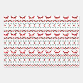 ティール（緑がかった色）レッドスノーフレークトインデアパターン ラッピングペーパーシート