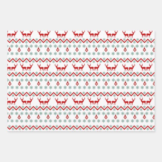 ティール（緑がかった色）レッドスノーフレークトインデアパターン ラッピングペーパーシート (正面)