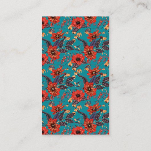 ティール(緑がかった色)&レッドフローラルパターンローカルカフェレストラン 名刺 (裏面)