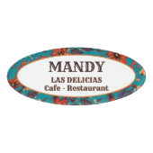 ティール（緑がかった色）&レッドフローラローカルカフェレストラン 名札 (正面)