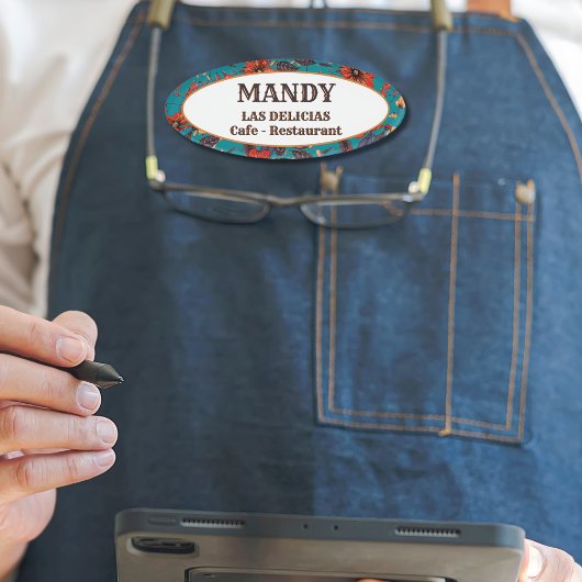 ティール（緑がかった色）&レッドフローラローカルカフェレストラン 名札