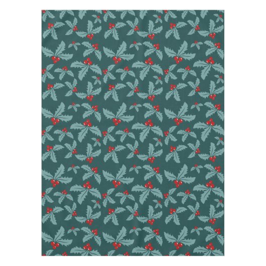 ティール（緑がかった色）レッドホリー&ベリーズクリスマスデザイン テーブルクロス (正面)