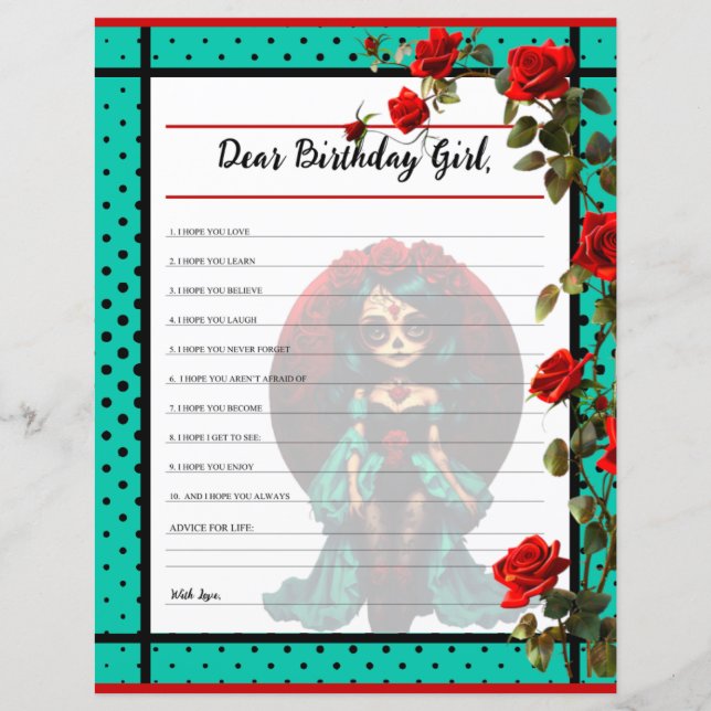 ティール（緑がかった色）&レッドローゼスシュガースカル親愛誕生日ガール (正面)