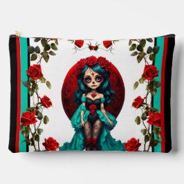 ティール（緑がかった色）&レッドローゼズシュガースカル アクセサリーポーチ