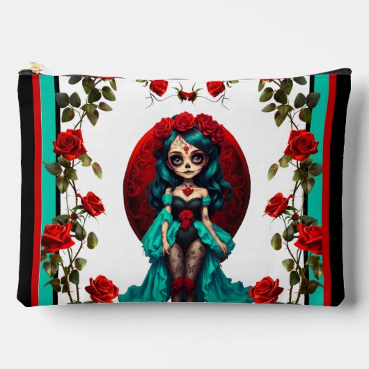 ティール（緑がかった色）&レッドローゼズシュガースカル アクセサリーポーチ (正面)