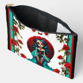 ティール（緑がかった色）&レッドローゼズシュガースカル アクセサリーポーチ (見開き)