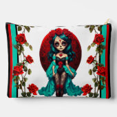 ティール（緑がかった色）&レッドローゼズシュガースカル アクセサリーポーチ (裏面)