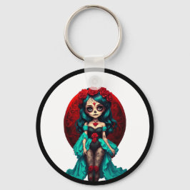 ティール（緑がかった色）&レッドローゼズシュガースカル キーホルダー