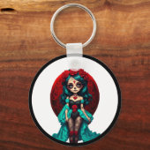 ティール（緑がかった色）&レッドローゼズシュガースカル キーホルダー (正面)