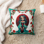 ティール（緑がかった色）&レッドローゼズシュガースカル クッション (ブランケット)