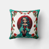 ティール（緑がかった色）&レッドローゼズシュガースカル クッション (裏面)