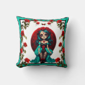 ティール（緑がかった色）&レッドローゼズシュガースカル クッション (正面)