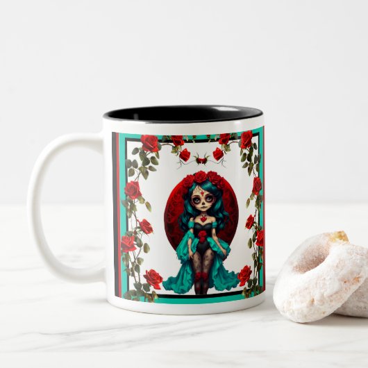 ティール（緑がかった色）&レッドローゼズシュガースカル ツートーンマグカップ (ドーナツ)