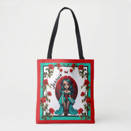 ティール（緑がかった色）&レッドローゼズシュガースカル トートバッグ