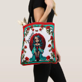 ティール（緑がかった色）&レッドローゼズシュガースカル トートバッグ (クローズアップ)