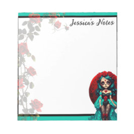 ティール(緑がかった色)&レッドローゼズシュガースカル ノートパッド