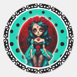 ティール(緑がかった色)&レッドローゼズシュガースカル ラウンドシール