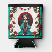 ティール（緑がかった色）&レッドローゼズシュガースカル 缶クーラー (正面)