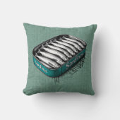 ティール（緑がかった色）レトロスタイルサーディンアートおもしろいフィッシュフード クッション (正面)