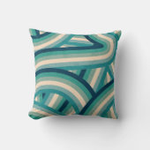 ティール（緑がかった色）レトロレインボーストライプズ模様 クッション (正面)