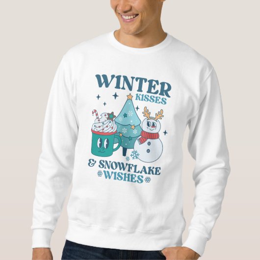 ティール（緑がかった色）レトロ冬のキスとスノーフレークのウィッシュ冬 スウェットシャツ (正面)
