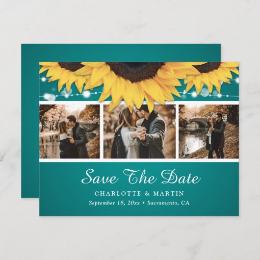 ティール(緑がかった色)レースひまわり写真保存Date Cards セーブザデート (正面/裏面)
