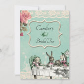 ティール(緑がかった色)レースアリスワンダーランドティーパーティーブライダルシャワー 招待状 (正面)