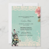 ティール(緑がかった色)レースアリスワンダーランドティーパーティーブライダルシャワー 招待状 (裏面)