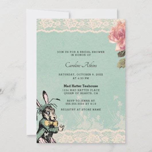 ティール(緑がかった色)レースアリスワンダーランドティーパーティーブライダルシャワー 招待状 (裏面)
