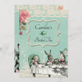 ティール(緑がかった色)レースアリスワンダーランドティーパーティーブライダルシャワー 招待状 (正面/裏面)