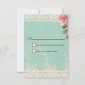 ティール(緑がかった色)レースアリスinワンダーランドウェディングRSVPカード 出欠カード (裏面)
