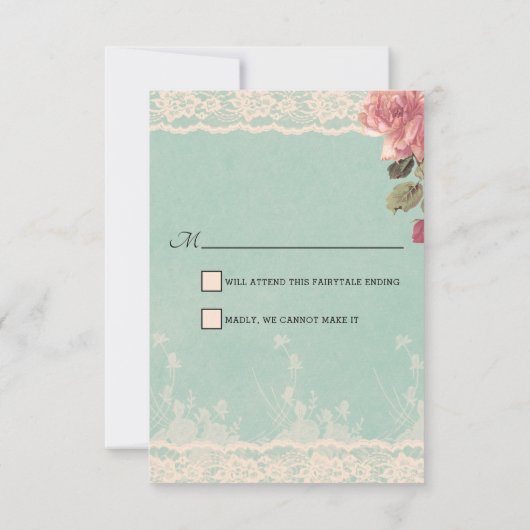 ティール（緑がかった色）レースアリスinワンダーランドウェディングRSVPカード 出欠カード (裏面)