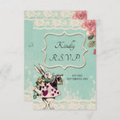 ティール(緑がかった色)レースアリスinワンダーランドウェディングRSVPカード 出欠カード (正面/裏面)
