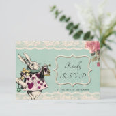 ティール（緑がかった色）レースアリスinワンダーランドウェディングRSVPカード 出欠カード (スタンド正面)