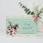 ティール(緑がかった色)レースアリスinワンダーランドウェディングRSVPカード 出欠カード (スタンド正面)