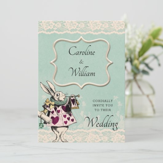 ティール(緑がかった色)レースアリスinワンダーランド結婚式招待状 招待状 (スタンド正面)