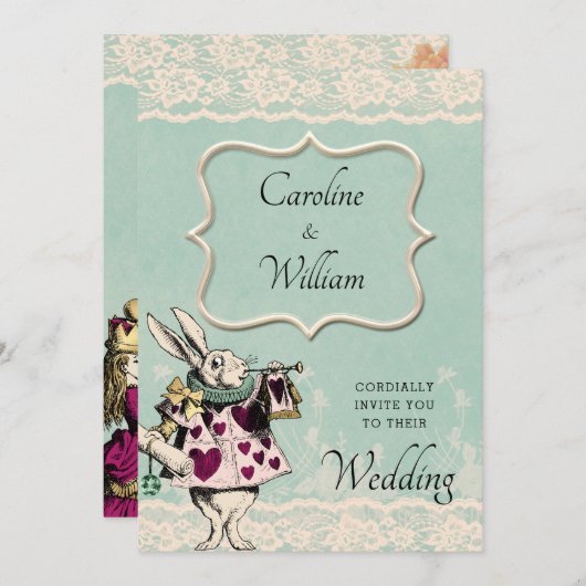 ティール（緑がかった色）レースアリスinワンダーランド結婚式招待状 招待状 (正面/裏面)