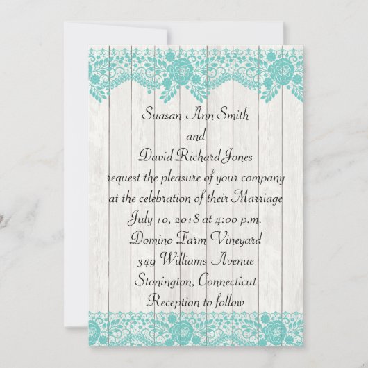 ティール(緑がかった色)レースアンドウッド素朴結婚式招待状 招待状 (正面)