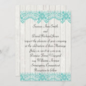 ティール(緑がかった色)レースアンドウッド素朴結婚式招待状 招待状 (正面/裏面)