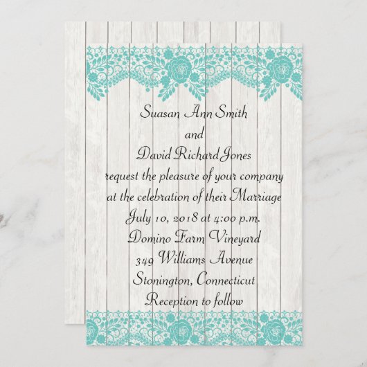 ティール（緑がかった色）レースアンドウッド素朴結婚式招待状 招待状 (正面/裏面)