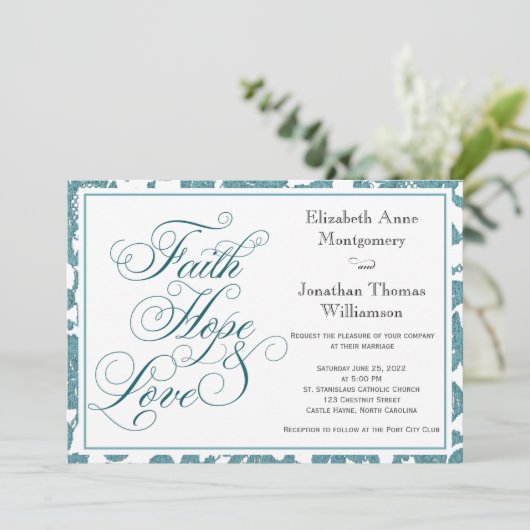 ティール(緑がかった色)レースフェイスホープ&ラブ結婚式招待状 招待状 (スタンド正面)
