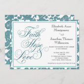 ティール(緑がかった色)レースフェイスホープ&ラブ結婚式招待状 招待状 (正面/裏面)