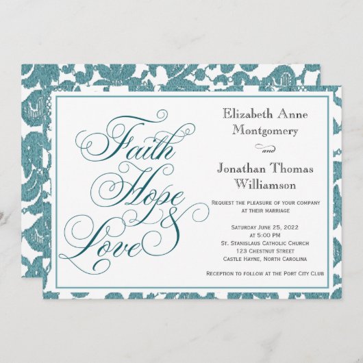ティール(緑がかった色)レースフェイスホープ&ラブ結婚式招待状 招待状 (正面/裏面)