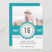 ティール(緑がかった色)レースフォトスイート16バースデーパーティー招待状 招待状 (正面/裏面)