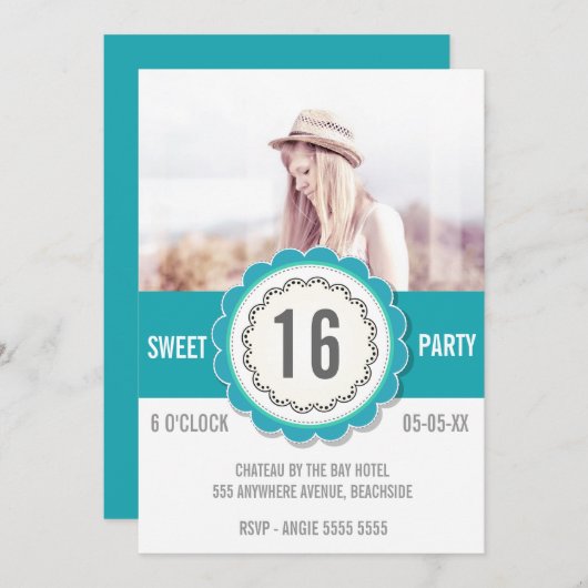 ティール(緑がかった色)レースフォトスイート16バースデーパーティー招待状 招待状 (正面/裏面)