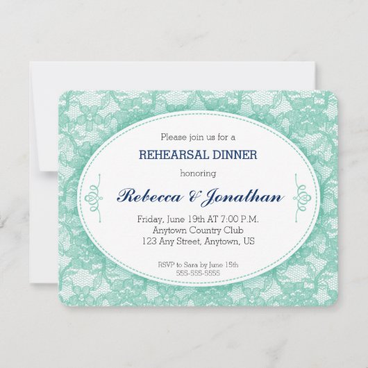 ティール(緑がかった色)レースヴィンテージリハーサルディナー 招待状 (正面)